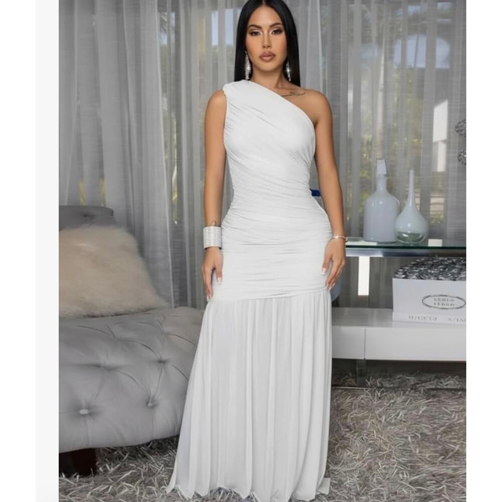 New TikTok viral white ruched one shoulder gown dress sz m - Picture 2 of 7